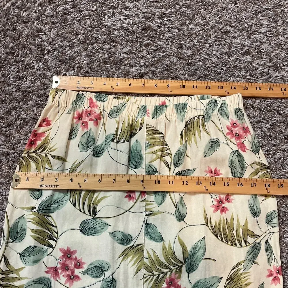 Vintage Midi Skirt Size Small Cream Yellow Floral Print Tropical Boho Linen 90s